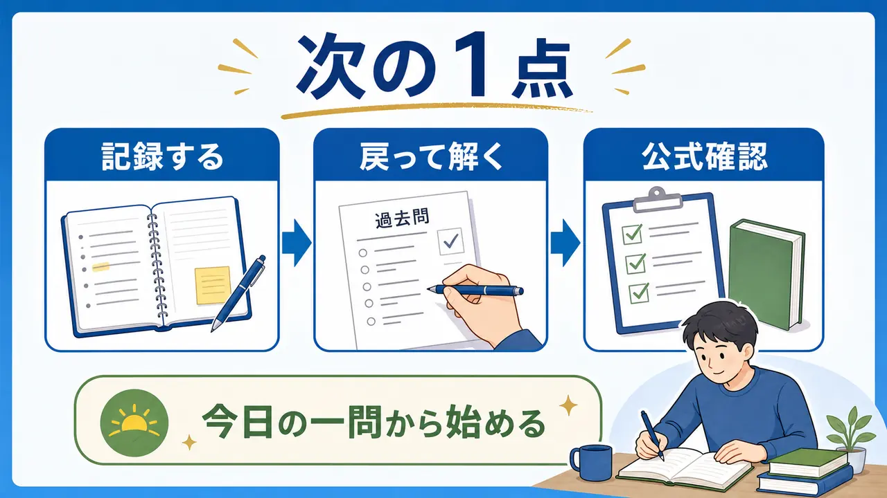 過去問演習後に記録、解き直し、公式確認へ進む流れ
