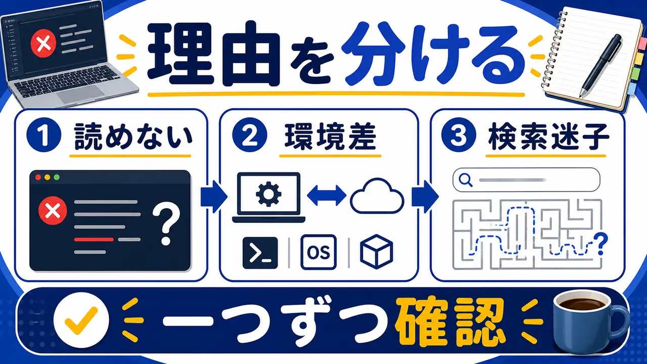エラー文、環境、構文、検索語のつまずきを分ける図