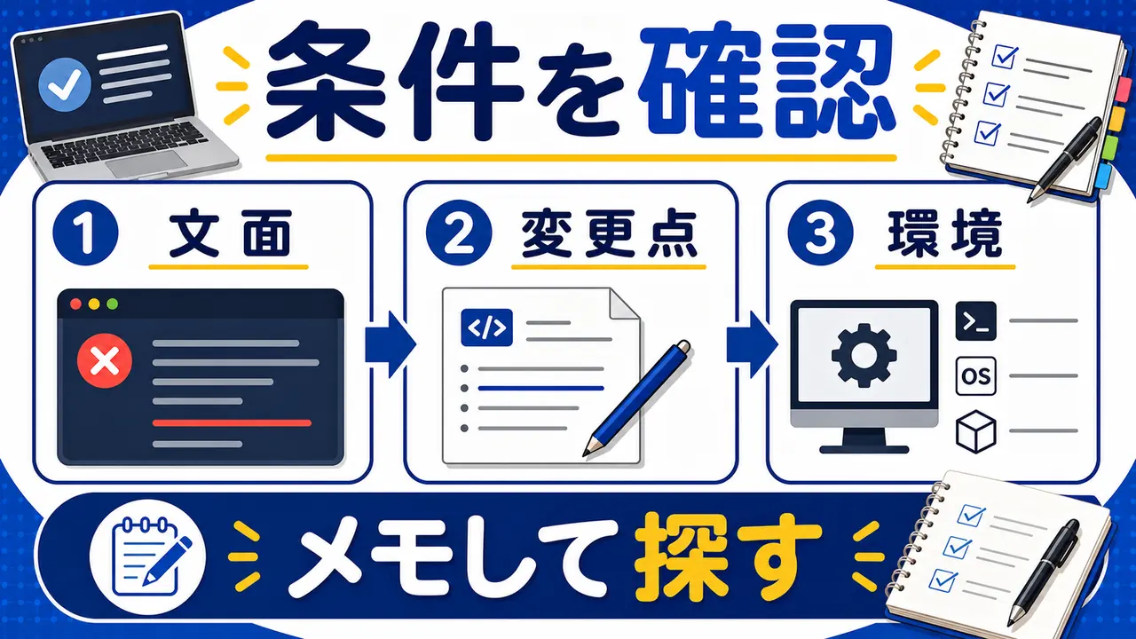 エラー文、直前変更、環境、教材手順を確認する図