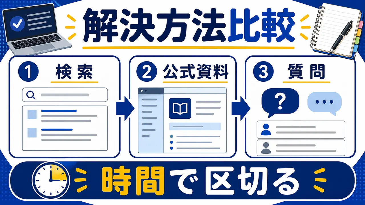検索、公式資料、質問、戻す方法を比較する図