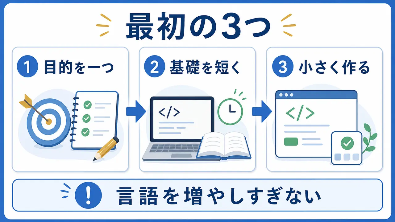 目的を一つに絞り基礎を短く学び小さく作る流れを示した要約画像