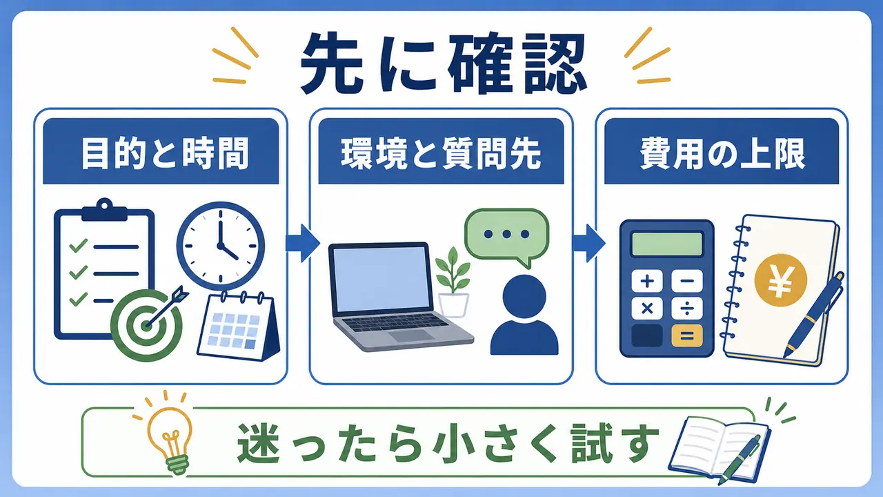 目的と時間と環境と費用を先に確認する流れを示した要約画像