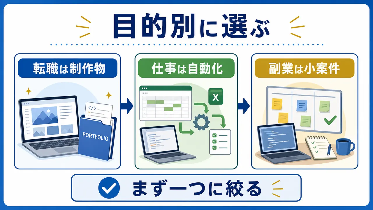 転職は制作物仕事は自動化副業は小案件という目的別判断を示した要約画像