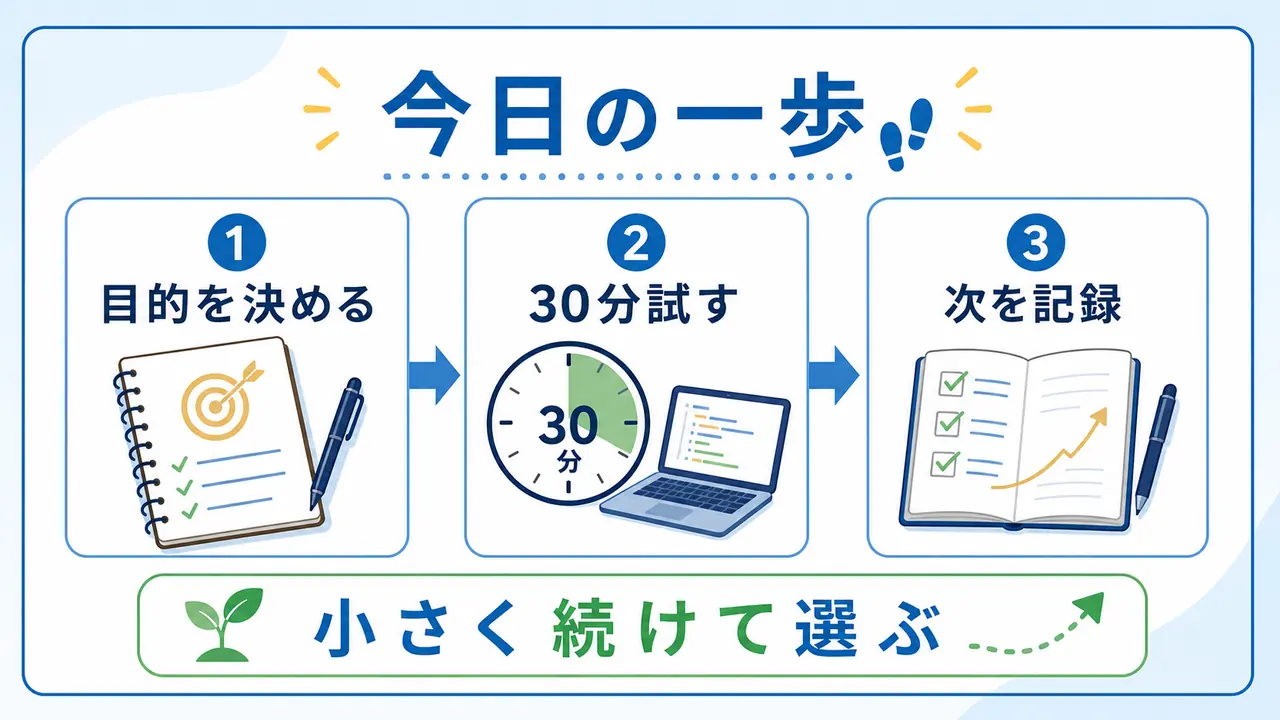 目的を決め30分試し次の行動を記録するまとめの要約画像
