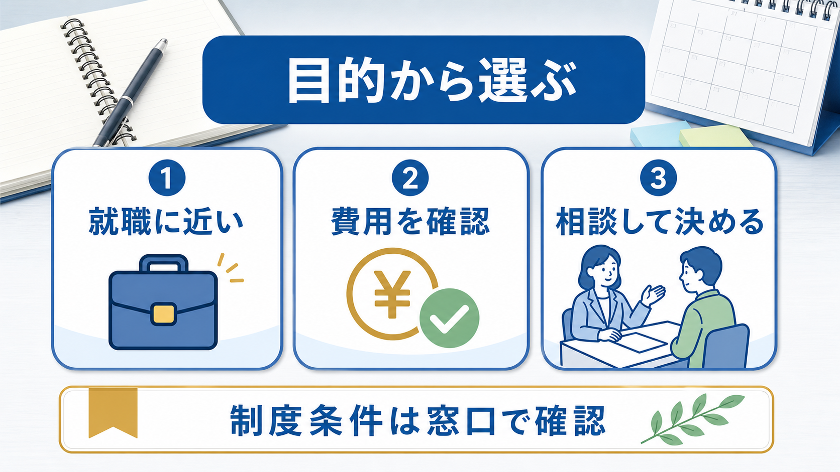 職業訓練を目的、費用、相談先から選ぶ流れ