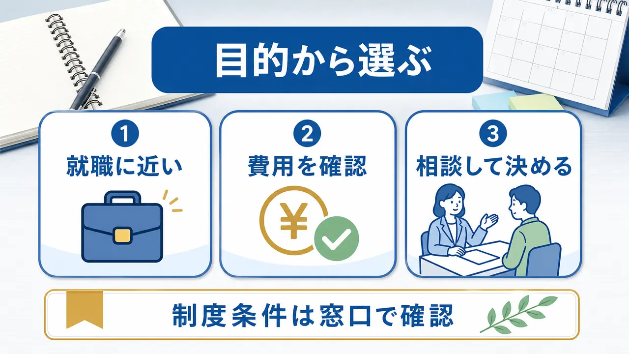 職業訓練を目的、費用、相談先から選ぶ流れ