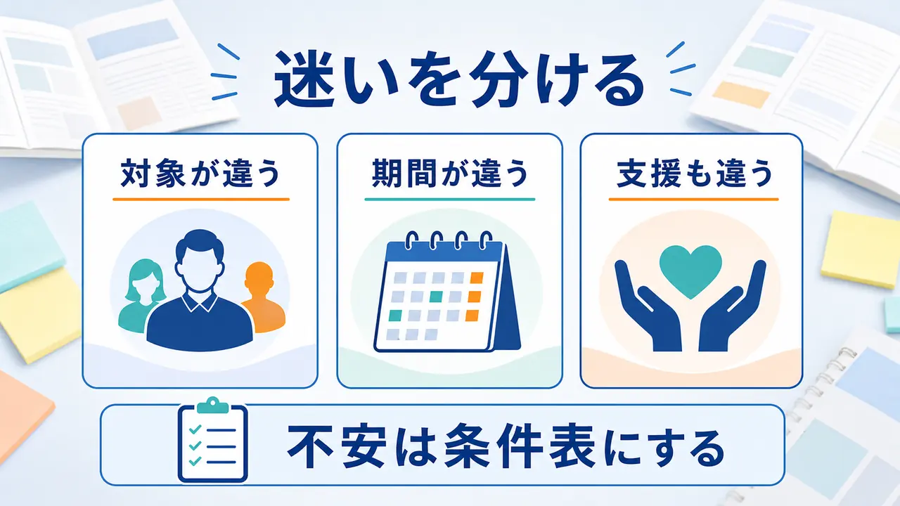 職業訓練の迷いを対象、期間、支援に分ける図