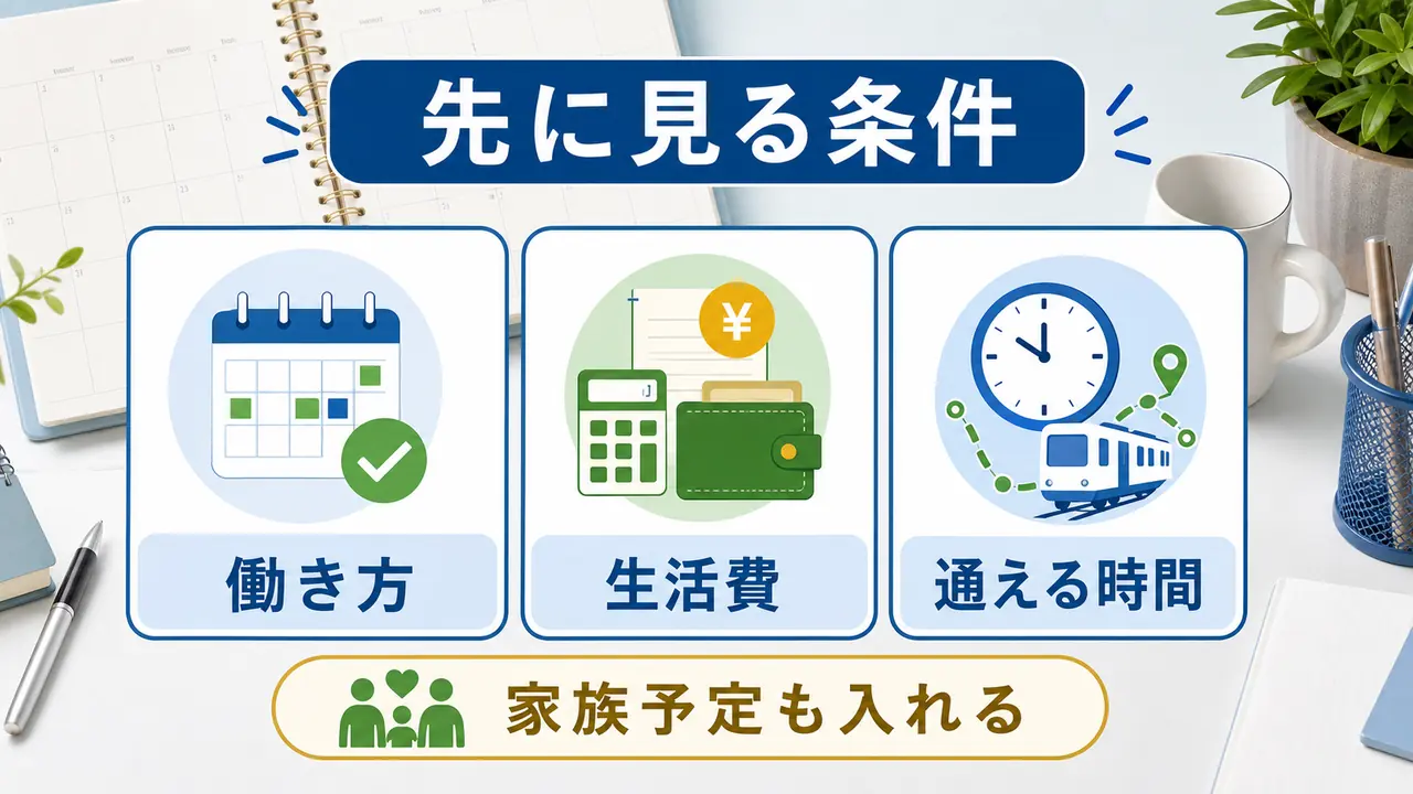 職業訓練の相談前に働き方、生活費、通える時間を確認する図