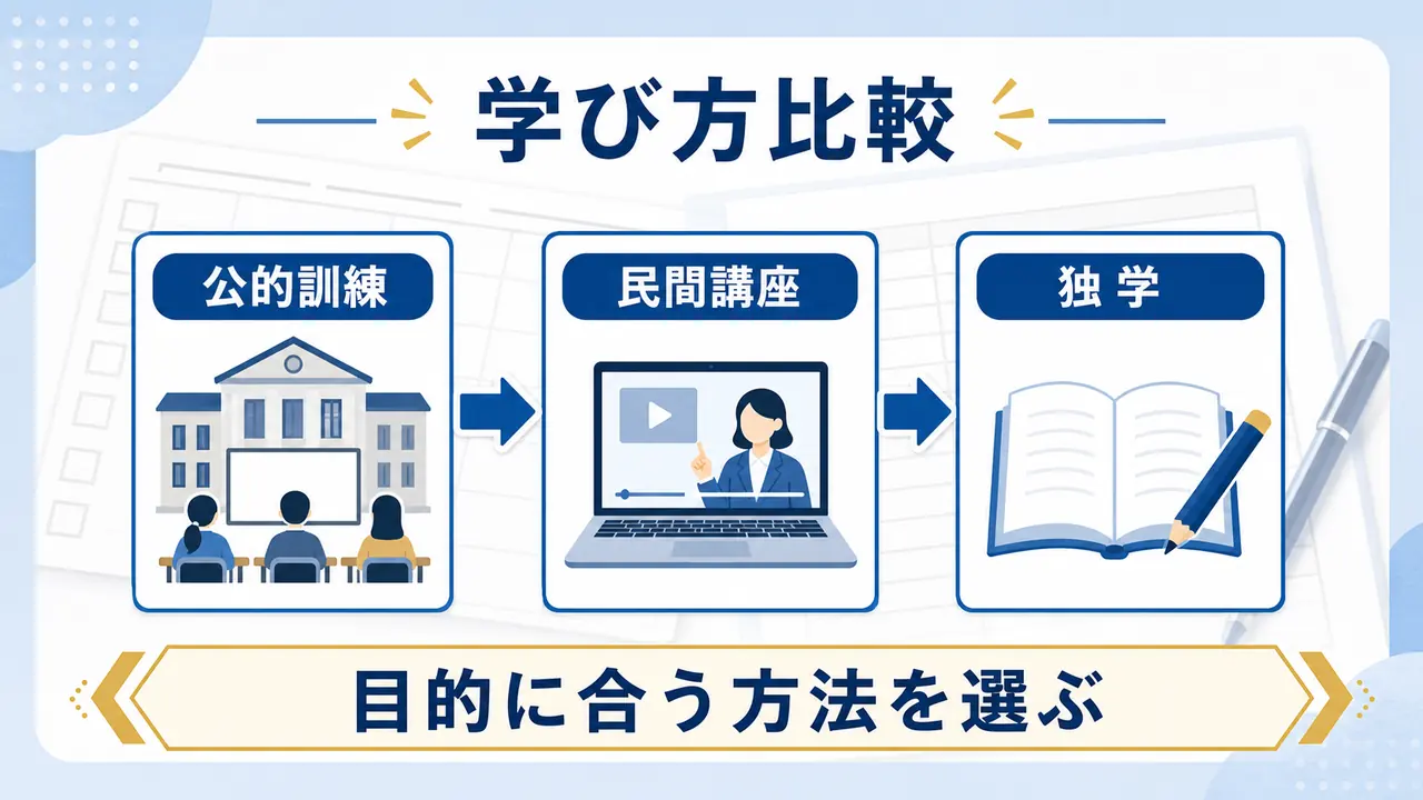 公的訓練、民間講座、独学を比べる要約図