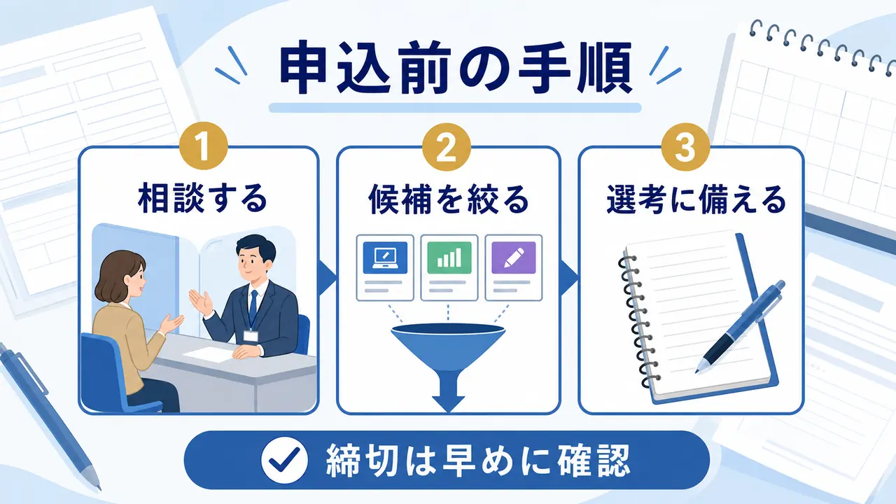 職業訓練の申し込み前に相談、候補整理、選考準備を進める図
