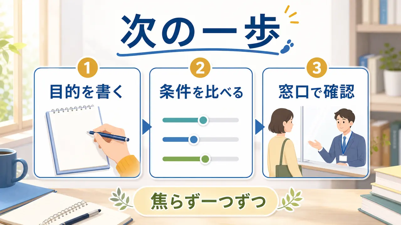 職業訓練を選ぶ次の一歩として目的、条件、窓口確認を整理する図
