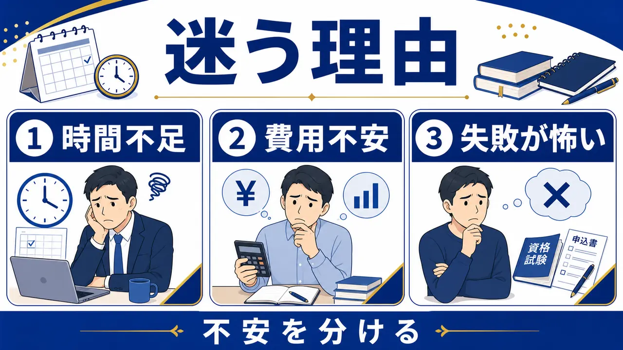 時間不足、費用不安、失敗が怖い気持ちを分ける図