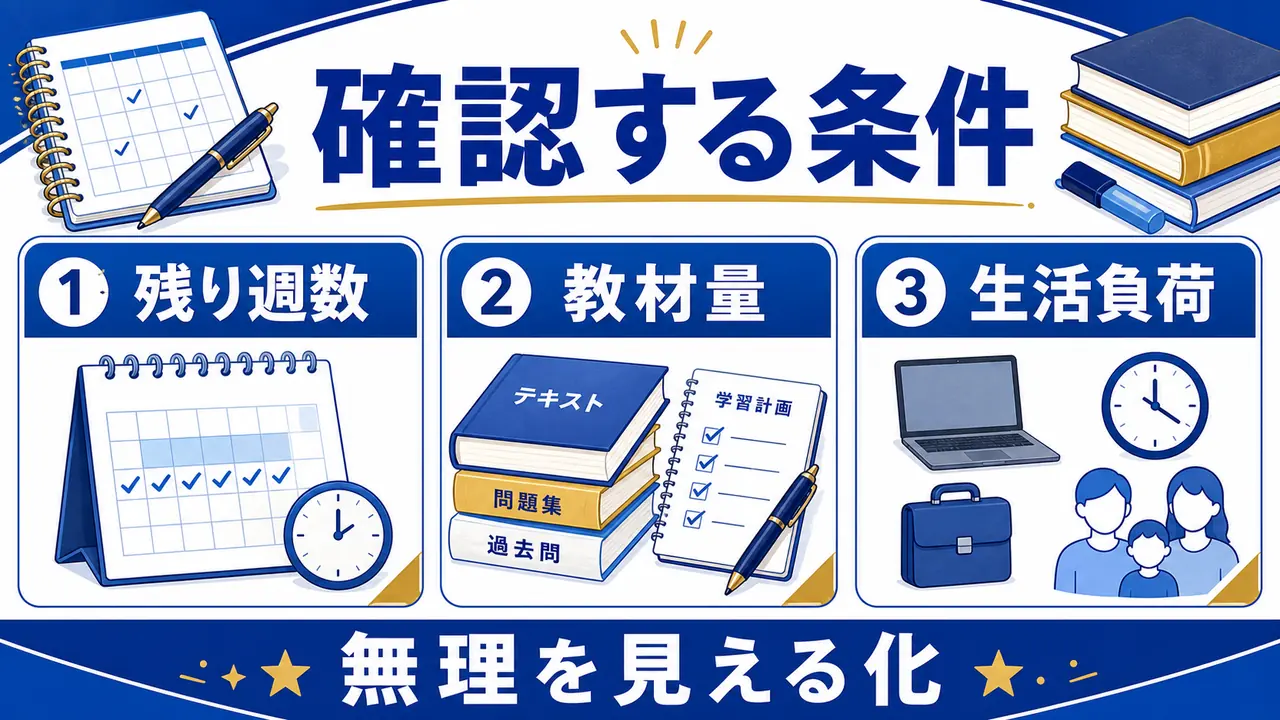 残り週数、教材量、生活負荷を確認する図
