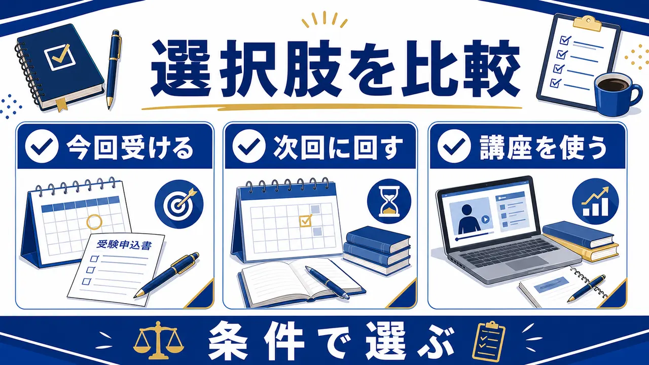 今回受ける、次回に回す、講座を使う選択肢を比較する図