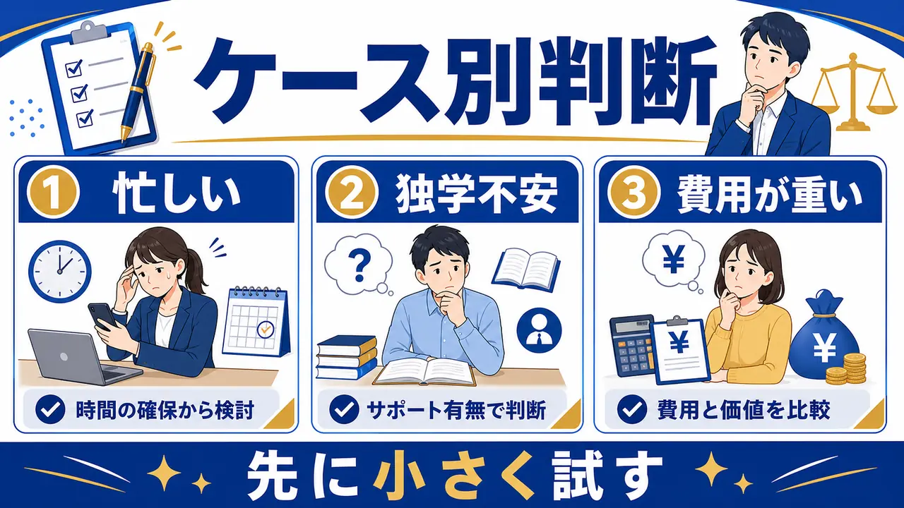 忙しい、独学不安、費用が重い場合の判断を分ける図