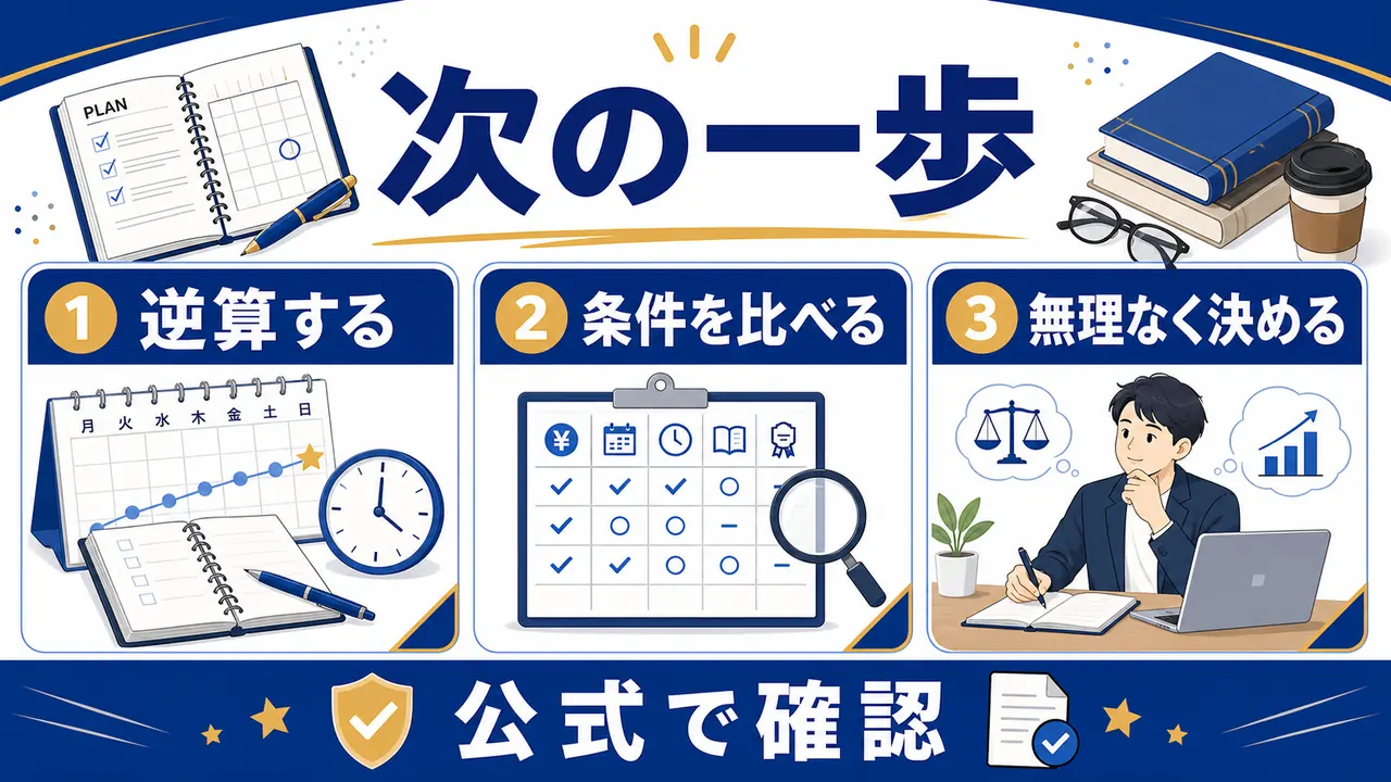 逆算、条件比較、公式確認を次の一歩にする図