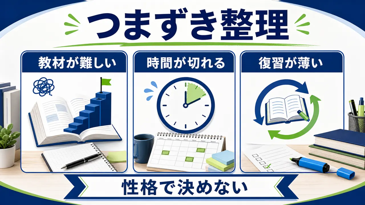 独学でつまずく理由を教材、時間、復習に分ける図