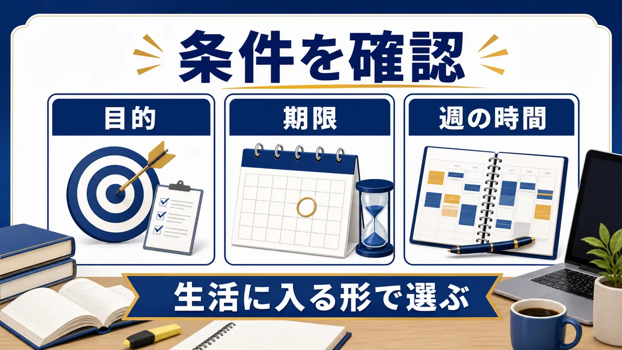 資格勉強を選ぶ前に目的、期限、週の時間を確認する図