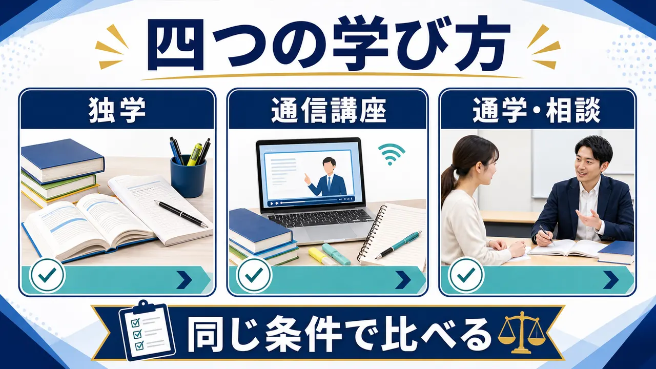 資格勉強の独学、通信講座、通学や相談付き講座を比較する図