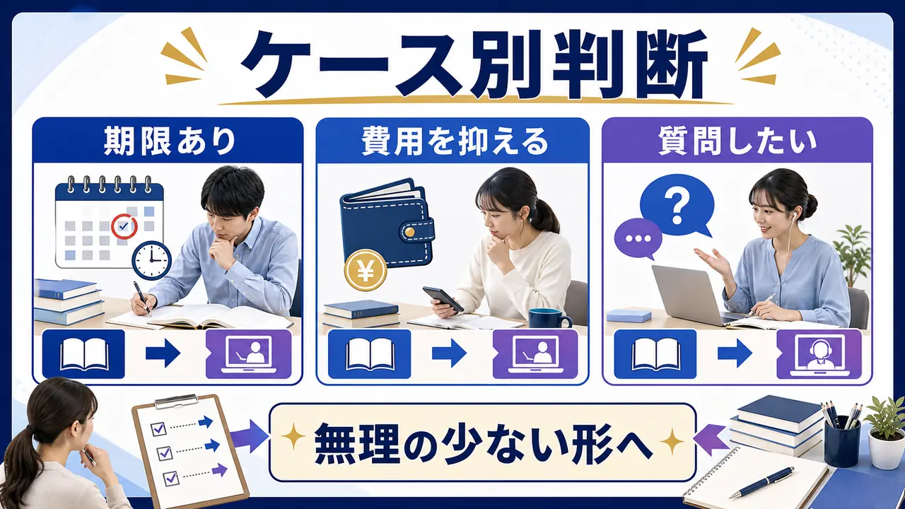 期限、費用、質問の必要度で資格勉強の学び方を判断する図
