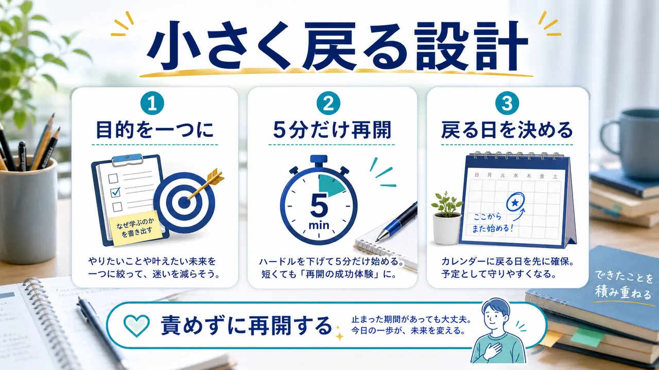 学び直しを目的、5分学習、戻る日で小さく再開する図