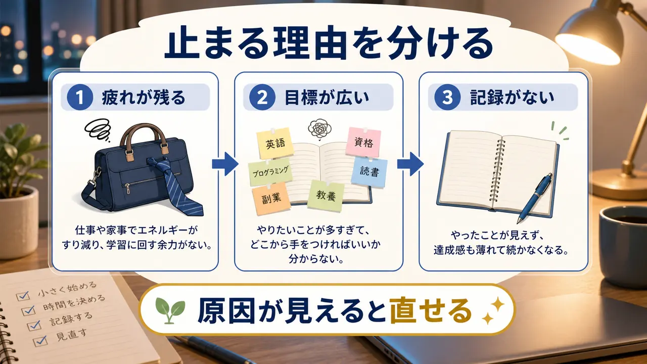 学び直しが止まる理由を疲れ、目標の広さ、記録不足に分ける図