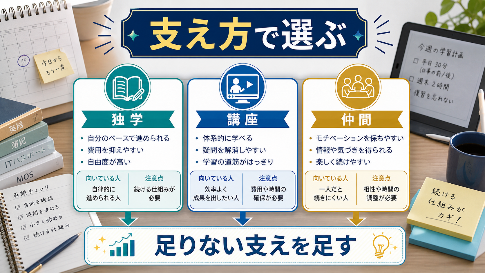 学び直しの再開方法を独学、講座、仲間で比較する図