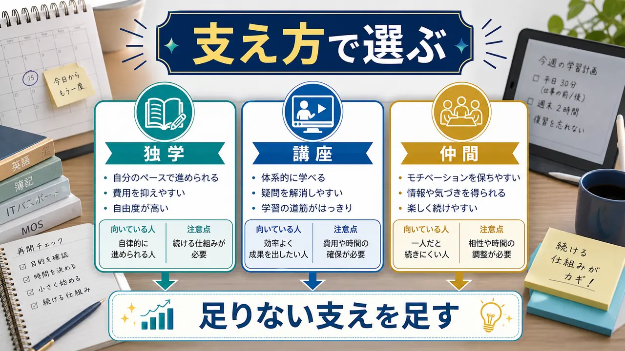 学び直しの再開方法を独学、講座、仲間で比較する図