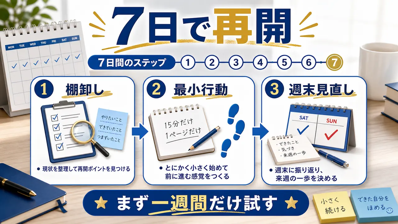 7日間で学び直しを再開する手順を棚卸し、最小行動、週末見直しで示す図
