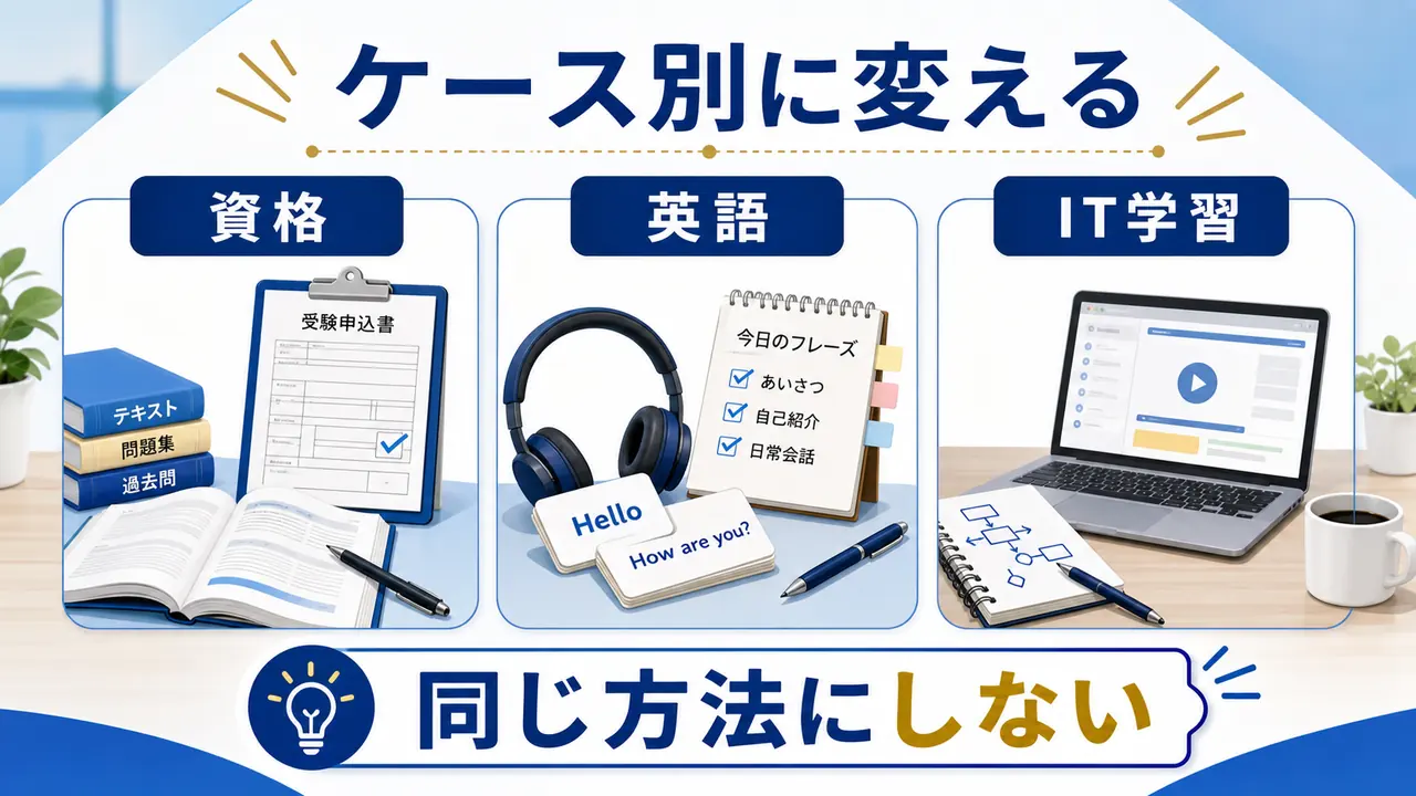 資格、英語、IT学習で再開の形を変える図