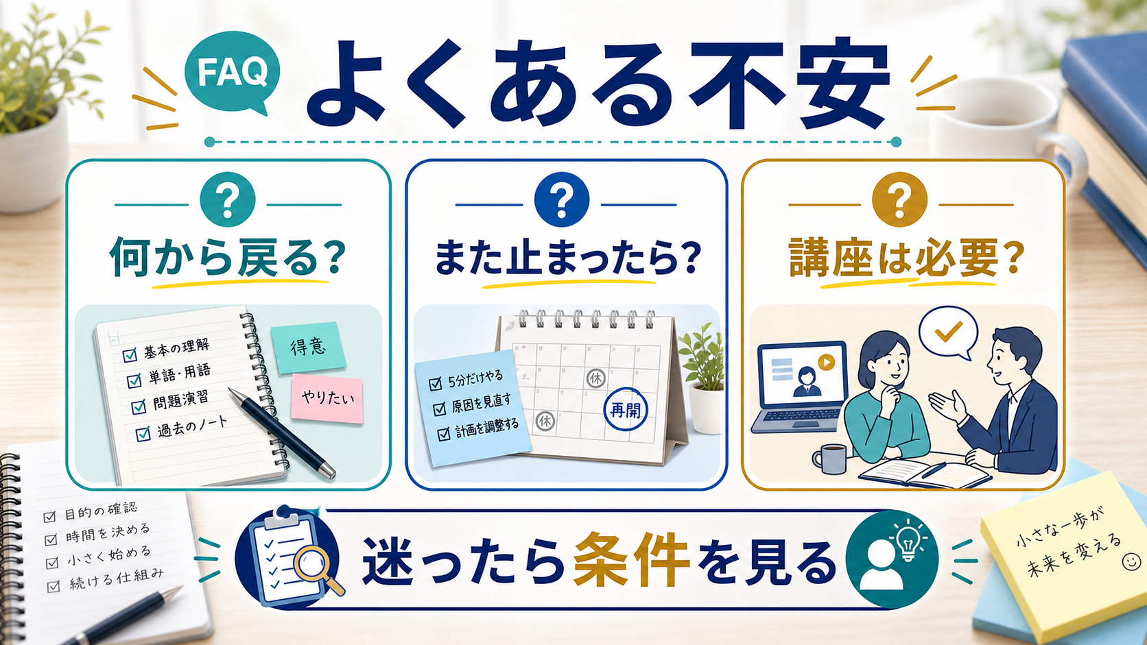 学び直しの再開でよくある不安を整理する図
