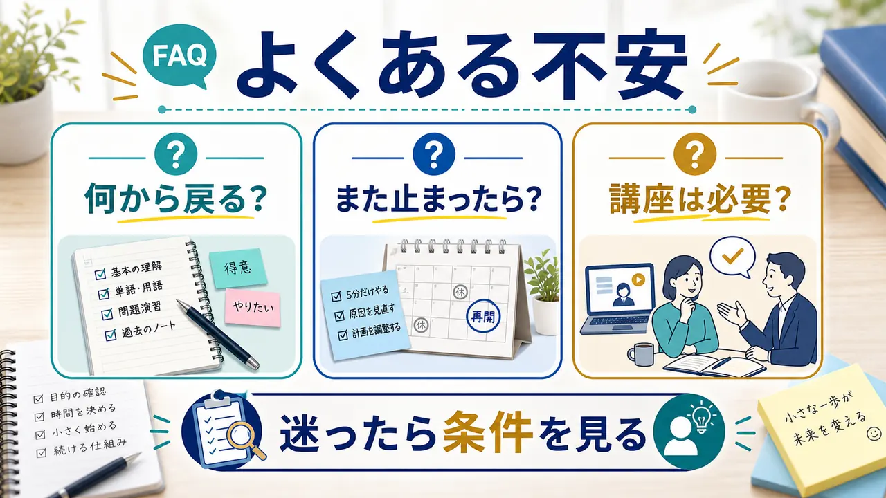 学び直しの再開でよくある不安を整理する図