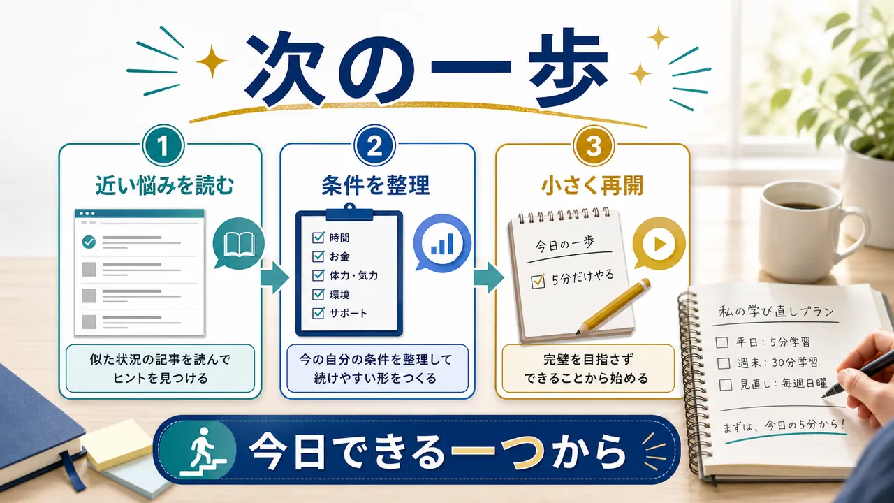 学び直しの次の一歩を近い悩み、条件整理、小さな再開で示す図
