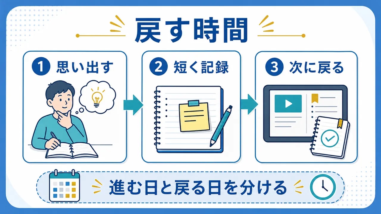 頭に入らない日に読む量を増やさず復習時間を先に作る図