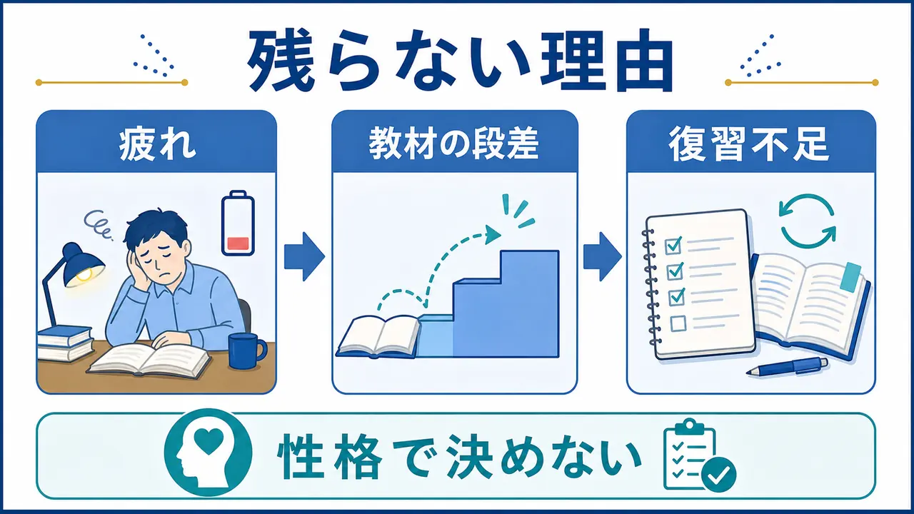 勉強しても残らない理由を疲れ、教材、復習不足に分ける図