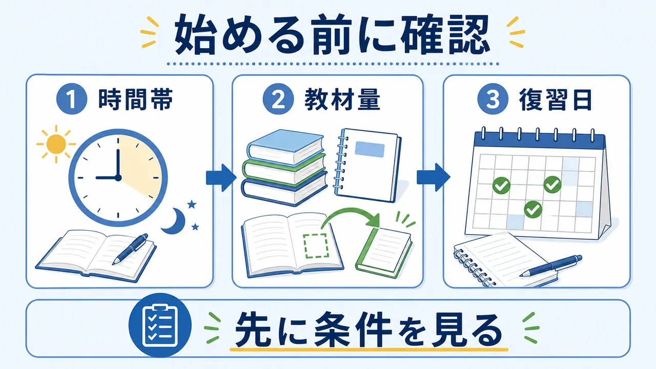 学習前に時間帯、教材量、確認日をチェックする図