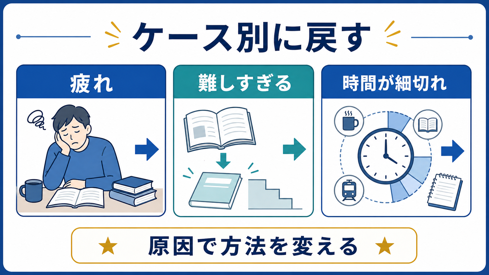 疲れる人、教材が難しい人、ノートが続かない人の対応を分ける図