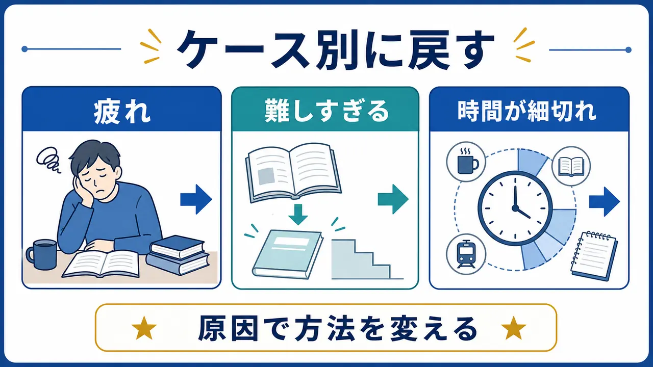 疲れる人、教材が難しい人、ノートが続かない人の対応を分ける図