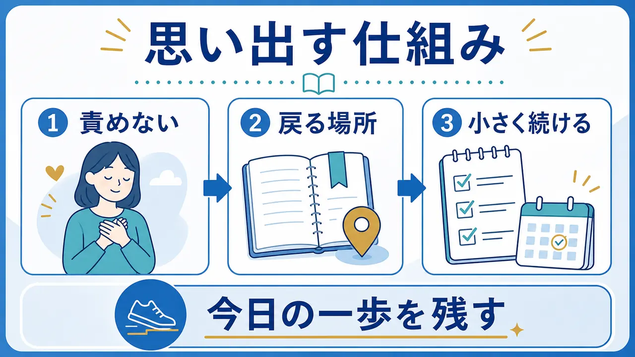 覚えられない日を責めず思い出す仕組みに変えるまとめの図