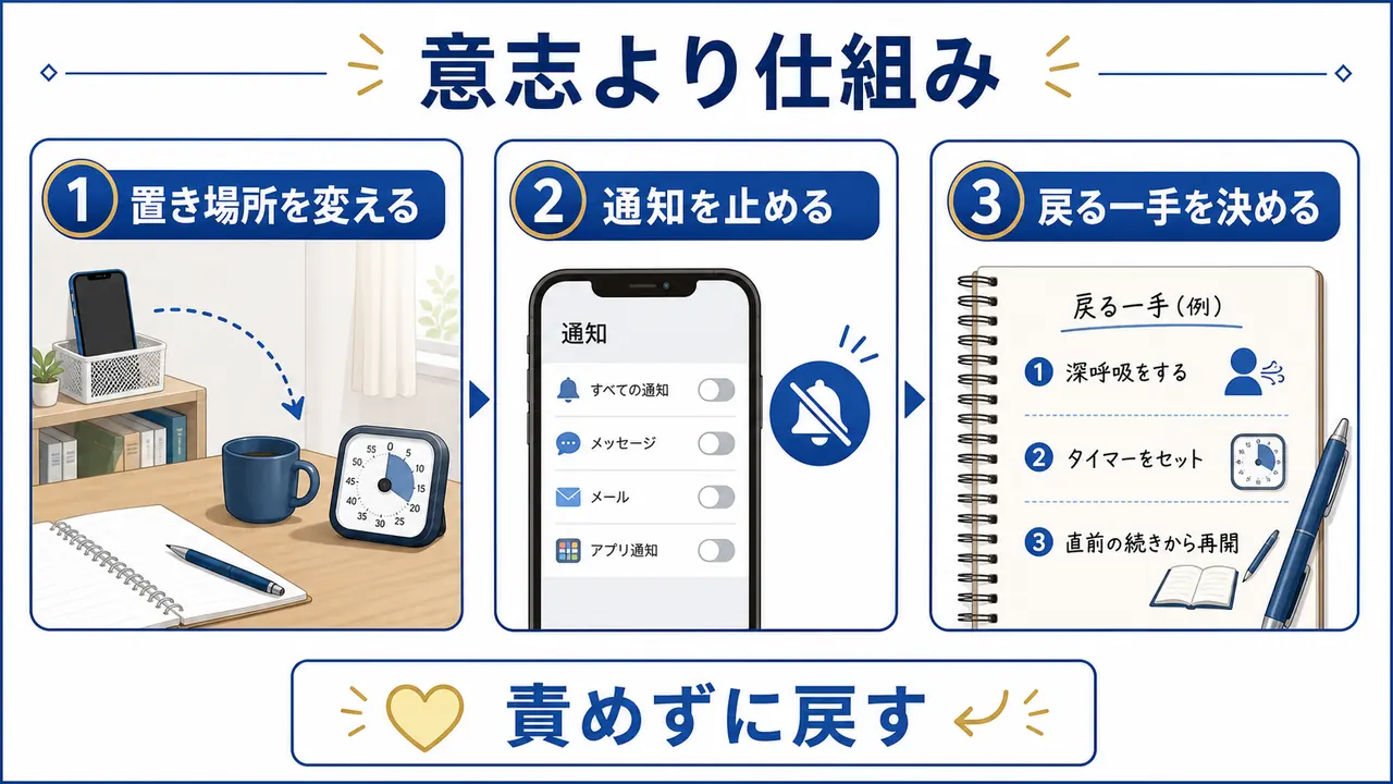 スマホ対策を意志ではなく置き場所、通知、戻る一手で整える図