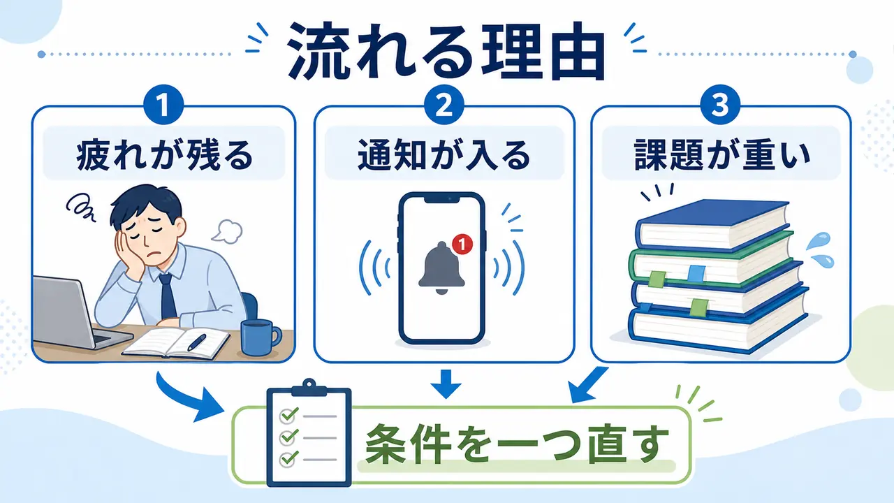 スマホを見てしまう理由を疲れ、通知、課題の重さに分ける図