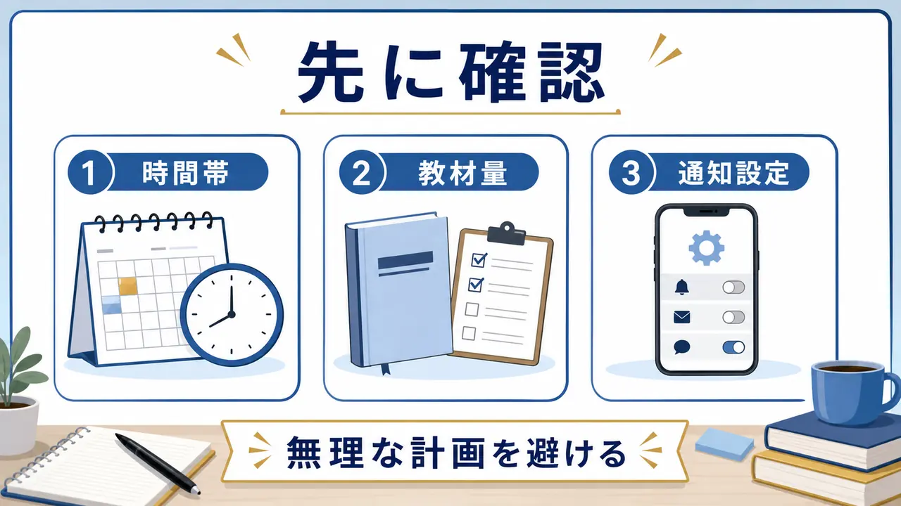 スマホ対策前に時間帯、教材量、通知設定を確認する図