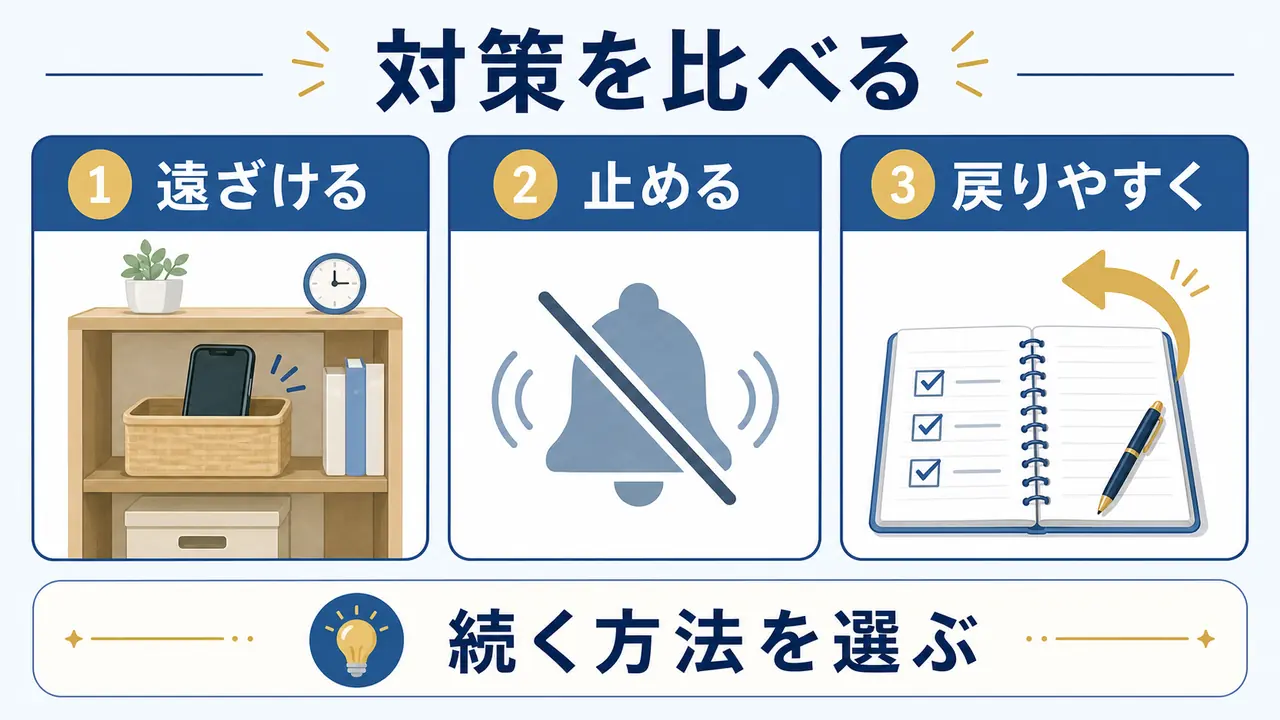スマホ対策を遠ざける、止める、戻りやすくする方法で比較する図