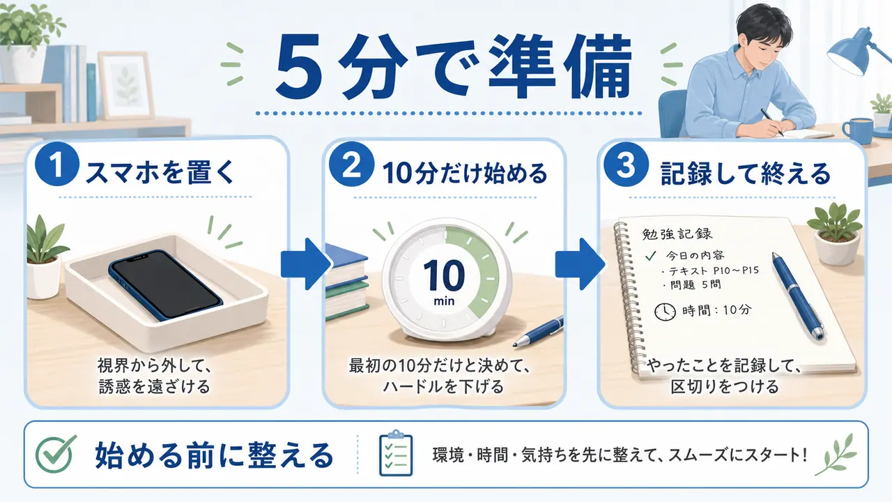 スマホを置き、10分だけ始め、記録して終える学習準備の流れ
