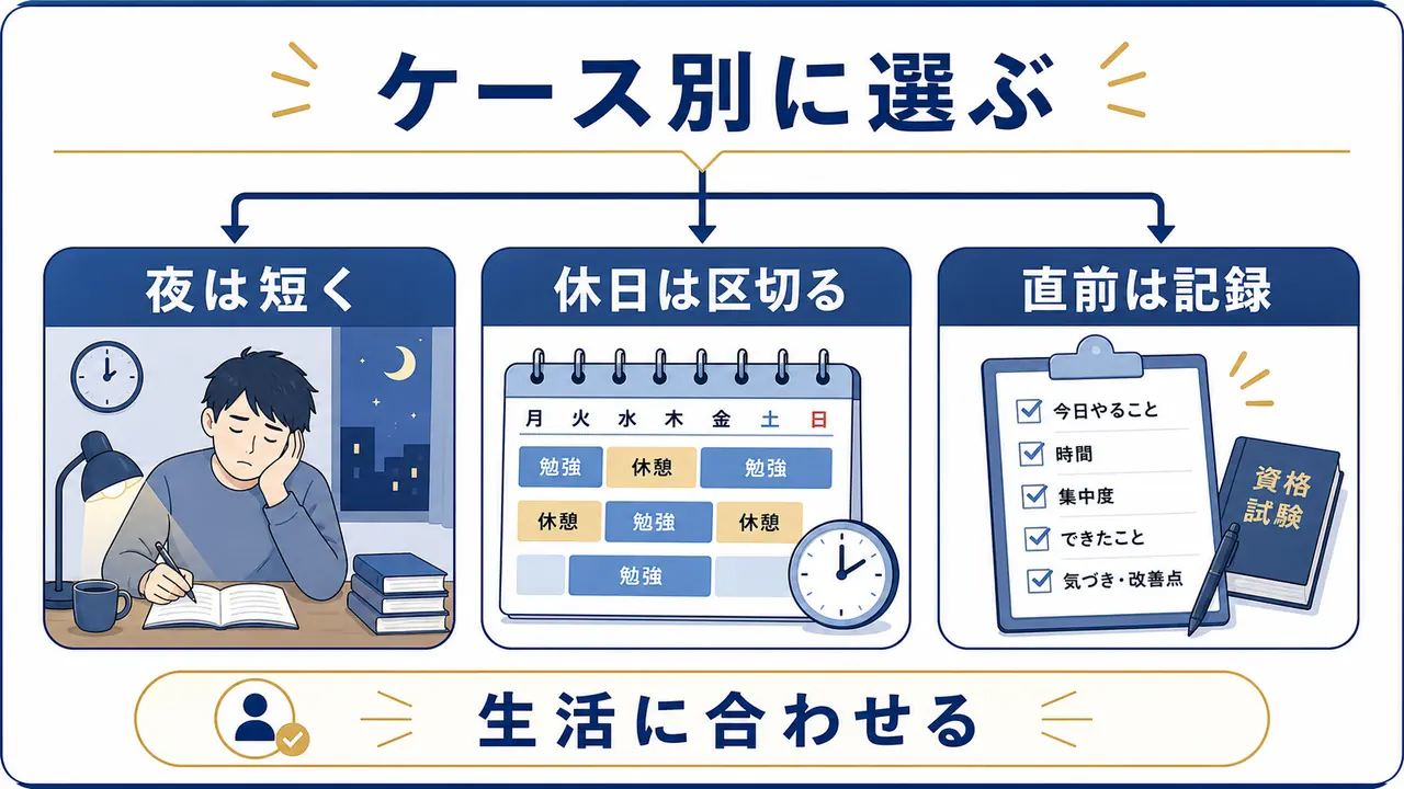 夜、休日、資格直前でスマホ対策を変えるケース別の図