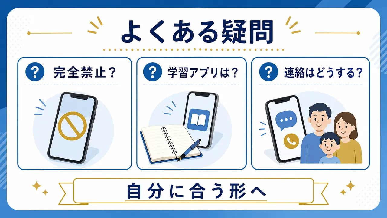 スマホの完全禁止、学習アプリ、連絡確認に関する疑問を整理する図