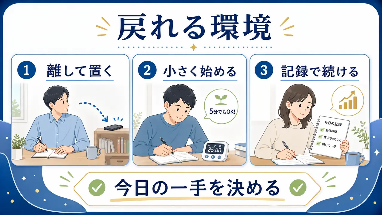 スマホを離して置き、小さく始め、記録で続ける学習環境の図