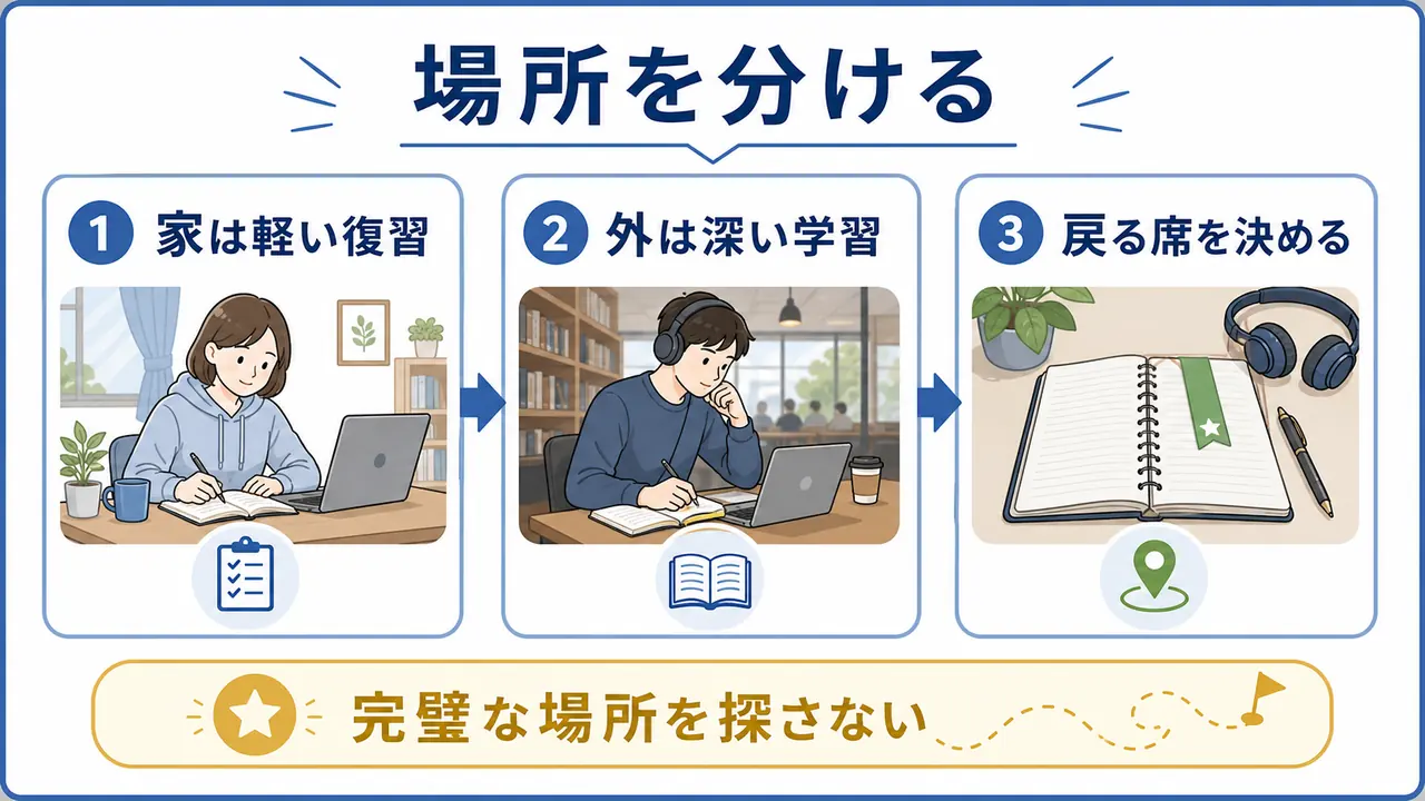 家と外の学習場所を役割別に分ける図