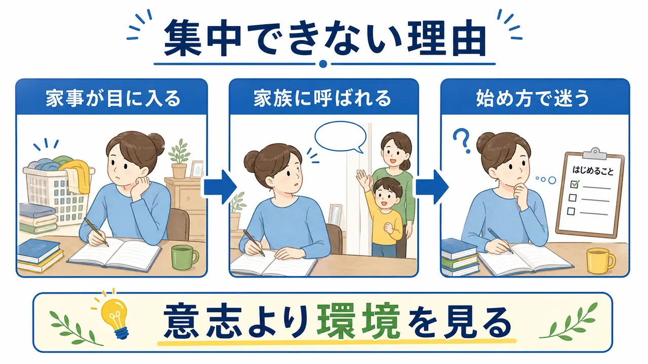 家で集中できない理由を家事、家族、開始の迷いに分ける図