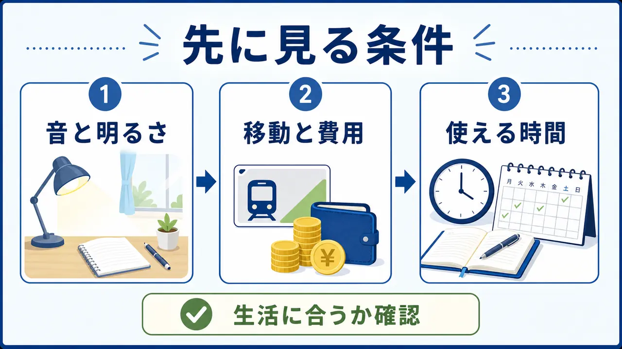 学習場所を選ぶ前に音、明るさ、移動、費用、時間を確認する図